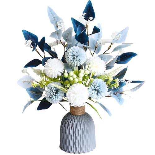 Image of Packool Hydrangea Artificial Flowers in Vase, Blue and White Faux Hydrangea Arrangement, Modern Gray Textured Vase, Elegant Wedding and Home Decoration