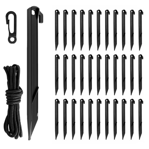 34 Set Plastic Tent Stakes Ground Tent Pegs with Tethers & Hooks Replacement Yard Accessories for Camping Tents Traps Beach Outdoor Garden and Holiday Inflatable Decorations