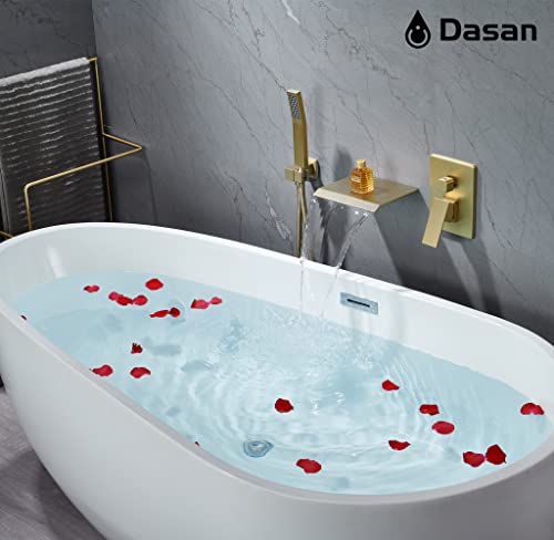 Upgraded Wall Mount Tub Filler Faucet With Handheld Shower, Dasan Modern Wall Mounted Bathtub Faucet Brushed Gold High Flow Waterfall Tub Faucet With Rough In Valve, Sa-Tf04Wh-Bg #TOP1