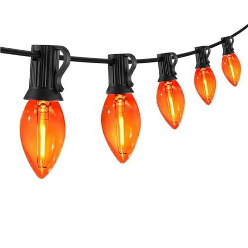 Image of 25FT C7 Orange LED String Lights, Black Wire Outdoor Halloween | IP44 Waterproof & Shatterproof, End-to-End Connectable, Perfect for Patio, Porch, Railing, Party or Holiday Decor