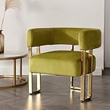 DM Furniture Modern Barrel Accent Chair, Living Room Side Chair with Golden Metal Legs, Soft Velvet Reading Armchair for Bedroom, Upholstered Club Chair for Reception Room/Lounge/Office, Olive