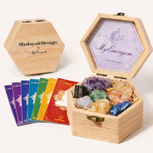 MYDAYS&DESIGN 7 Chakra Healing Crystals Set for Meditation Yoga Reiki, Amethyst Cluster, Lapis Lazuli, Opal, Green Aventurine, Citrine, Sunstone, Black Tourmaline with Wooden Gift Box and Gu