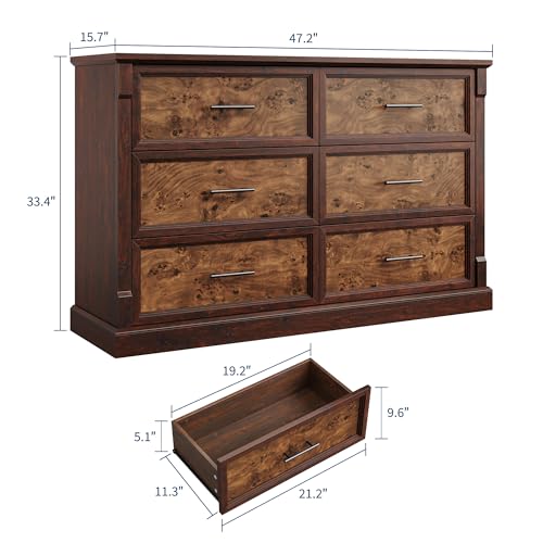GarveeHome Farmhouse 6 Drawers Dresser, 47" Long Wood Closet Dressers Organizer, Rustic Chest of Drawers for Bedroom Living Room Hallway Entryway, Brown