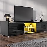 Blisswood High Gloss TV Unit – 160 Cm Black LED TV Stand Cabinet with 20-Colour RGB Lights with Remote, Glass Shelf, Stylish Tv Cabinet for Living Room Furniture, Suitable for 55–65” TVs
