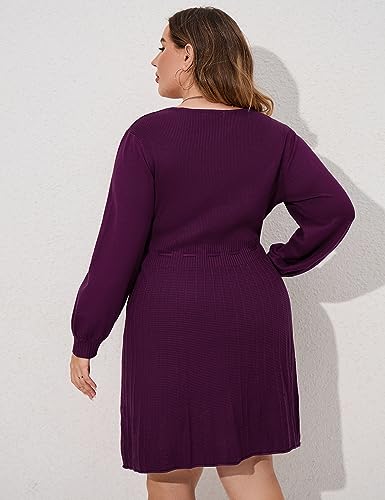 Image of Women's Plus Size Casual Sweater Dress Square Neck Long Lantern Sleeve Tie Waist Loose Pullover Sweater Dresses