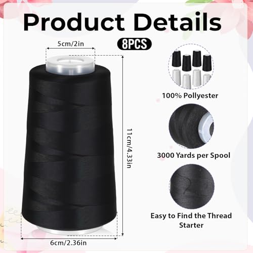 8 hilos para overlock de poliéster negro y blanco 3000 yd miniatura 2