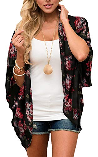 Hibluco Women s Floral Kimono Cardigan Casual Chiffon Tops Loose Beach Cover Ups