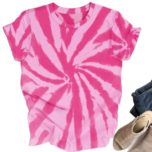 OCURHU Women Tie Dye Shirt Retro 60s 70s Hippie Tshirts Casual Fashion Short Sleeve Colorful Tops Loose Fit Pink XL