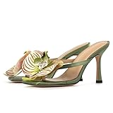 Only maker Orchid Heels for Women Square Toe Low Heeled Sandals Sexy Slip On Green Satin Heels with Orchid Flower For Wedding Bridal Fashion Party Dress Open Toe Mid Block Heeled Sandals Size 7