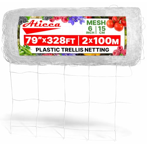 ATICCA Plastic Trellis Netting 79 x 328 ft Heavy Duty Plant Support Netting White - 6 Inch Garden Trellis on Roll - Mesh for Growing Vine Climbing Plants Flowers Peas and Cucumber