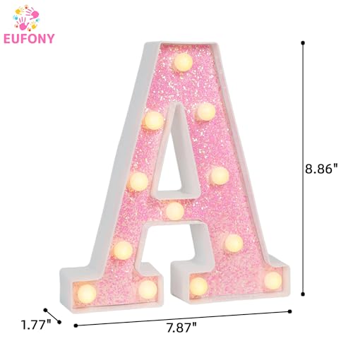 Image of Pink Glitter Marquee Light Up Letters, Battery Operated LED Letter Lights Signs for Pink Birthday Party Table Decorations, Wall Decor for Girls Bedroom, Initial Letter A with Warm White Lights
