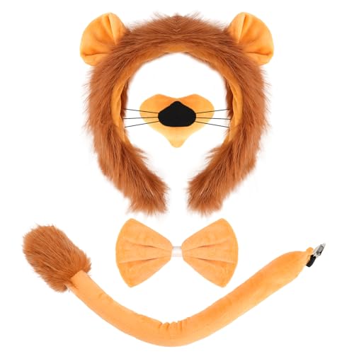 Lion Ears Headband Costume 4PCS,Tail, Bow Tie, Nose Mask, Lion Dog King Costume Accessories Jungle Animal