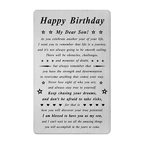 BAZLJY Son Birthday Card - Happy Birthday Son Gifts - Metal Engraved Greeting Card for Son Birthday