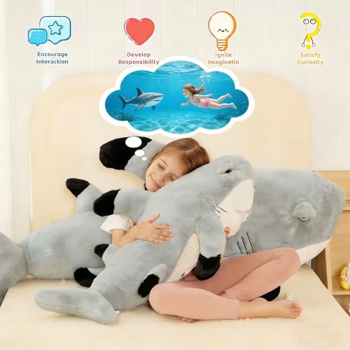 Image of Tezituor 32 inch Great White Shark Stuffed Animals, 2.6ft Large Stuffed Shark Plush Body Pillow for Girls Boys, Realistic Ocean Plushies Toy Birthday Party Gift for Adults