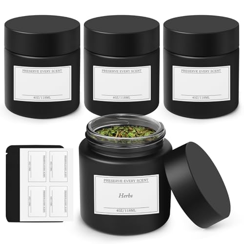 Smell Proof Jar Glass 4 OZ, 4-Pack Air Tight Glass Storage Jars, Thicked Stash Jar, UV Protection Container for Herbs & Teas, Coffee, Child-Resistant Lids With Labels Resealable Bag (Black)
