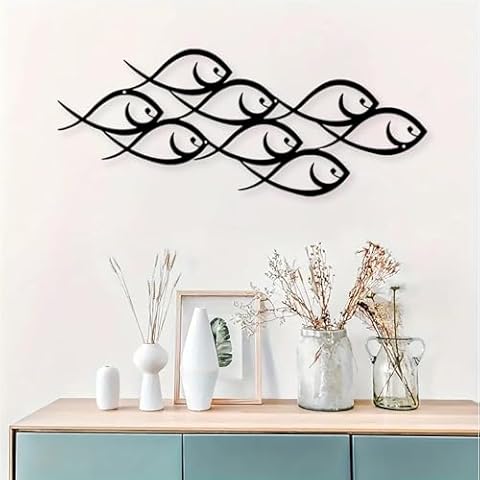 Metal Wall Decor, Large Fish Family, Modern Marine Metal Wall Art, Minimalist Fish Sculpture Hanging Wall Sign,Rustic Home Wall Decor for Indoor Outdoor Kitchen Bathroom Patio Pool or Porch Cover