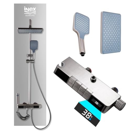 INEX EUROPA Columna Ducha Termostática con Pantalla Digital - Columna Baño Negro Gris Titanio Altura Ajustable - Ducha Cascada y Chorro Concentrado - Instalación Fácil con 4 Funciones