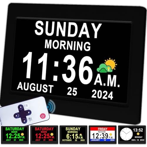 Véfaîî 2025 New, Digital Clock with Day Date 1280 * 800P HD, 19 Alarms Custom Reminders, 10 Levels Auto Dimmer Dementia Clock, 8 Display Colors, Auto DST, Remote & Buttons Control Easy for E