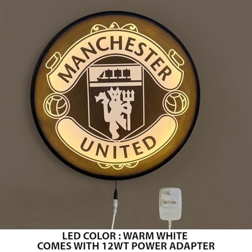 Image of PAINTINGMANTRA Manchester United Club Night Wall Lamp Painting with Premium Aluminium Metal Frame, Football Team Round Wall Painting with Warm White Night Lamp for Home & Office Decor (18x18 Inches)