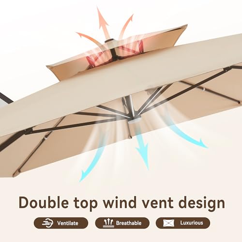 MEVBC 10 X 13 FT Cantilever Outdoor Patio Umbrella with Led Lights Large Heavy Duty 360° Rotation Double Top Offset Rectangular Umbrellas for Backyard Garden Pool Outside Deck, Beige