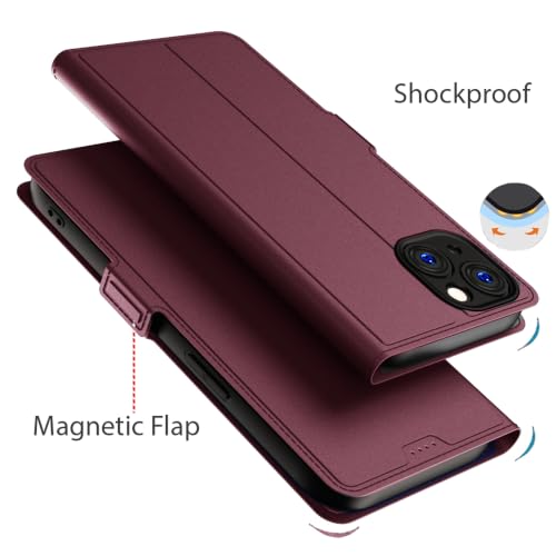 Image of Kapa Noble Slim Magnetic Leather Flip Case Cover for Apple iPhone 15 | Card Holder Stand Flip Wallet Case (Wine Red)