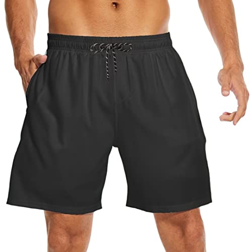 Black Mens Swim Trunks with Compression Liner Men Swimming Trunks Board Shorts Swimwear 7 Inch Inseam3
