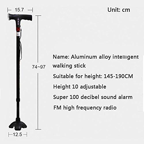 Bastón inteligente, con luz LED auxiliar, alarma de peligro y muletas con radio, diseño seguro y estable con botón de resorte, capacidad de carga de 150 kg, adecuado para personas mayores powerfully