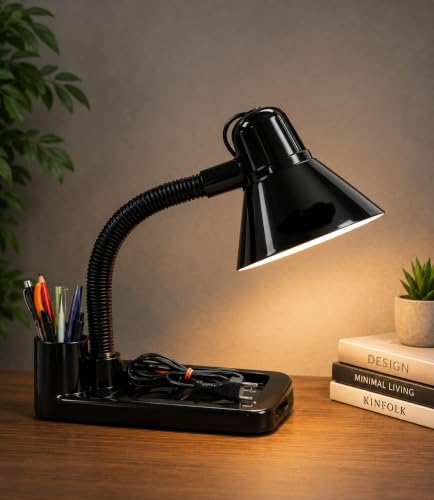 Image of LOGRO Adjustable Neck Table Light for Students & Readers | Compact Desk Lamp for Study, Office & Bedroom Use (Black) (Bulb not Included)