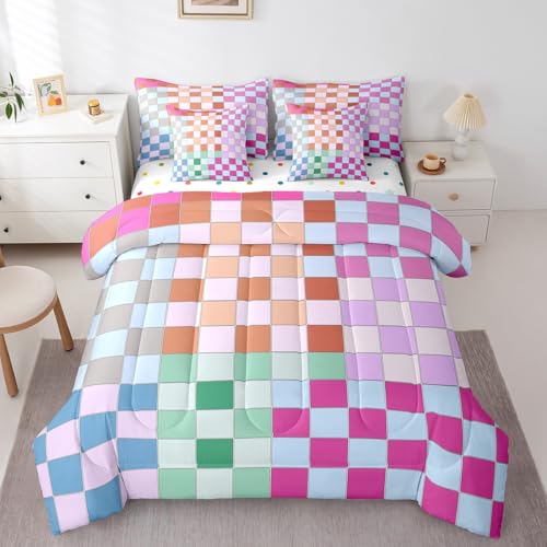 Image of Erosebridal Colorful Buffalo Plaid Full Comforter Set 7 Piece Geometric Grid Checkered Bedding Set Rainbow Ombre Checkerboard Bed in A Bag for Kids Boys Girls Women,Groovy Aesthetic Bed Set
