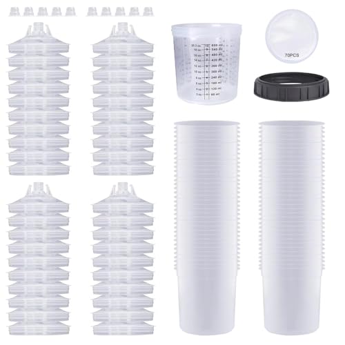 Image of Disposable Paint Cups for Automotive Paint Guns, HVLP Paint Spray Gun 20 oz(600 ml) Kit with 70 Detachable Filters and Cup Liners, 40 Lids, 1 Hard Cup with Fixed Ring and 10 Plugs
