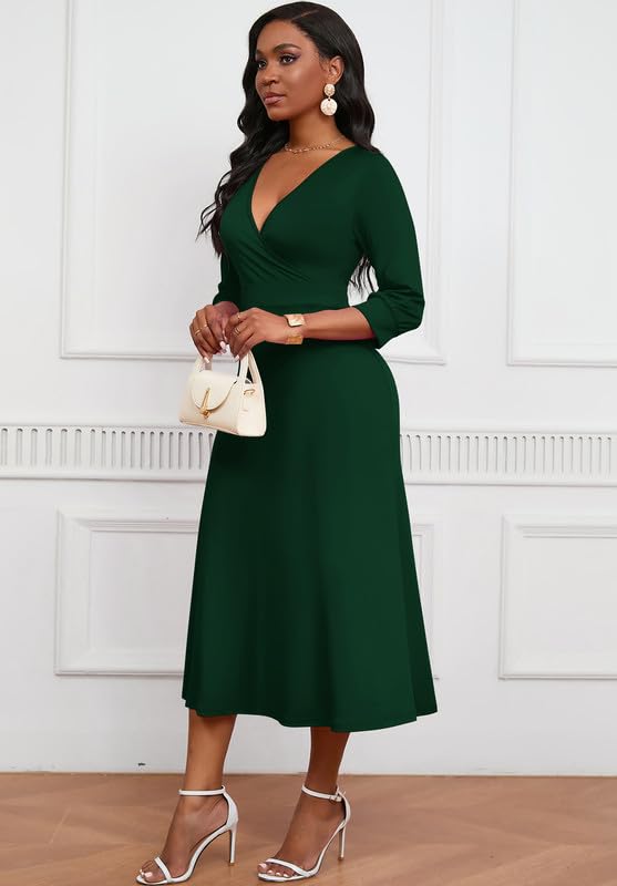 Image of MarryUP Womens Casual Dress Wrap V-Neck Elegant Wedding Guest Midi Dress 3 /4 Sleeve Solid High Waist Dark Green XL