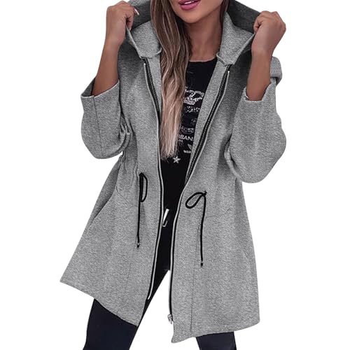 Shffuw Poncho De Lluviagabardina Impermeable Mujer Sudadera con capucha y cremallera para mujer, manga larga, informal, con cordón en la cintura, abertura Trajes De Agua Para chubasquero (Grey, M)