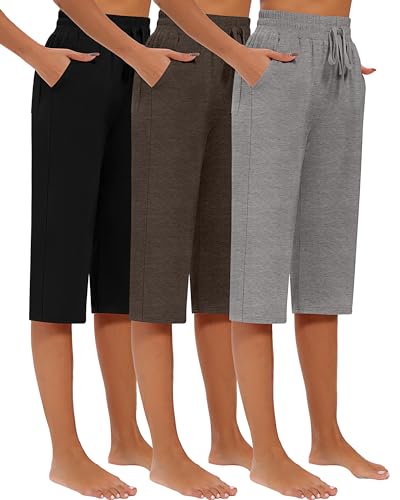 Riyiper 3 Pack Women Capri Pants, Causal Drawstring Lounge Yoga Capri Sweatpants Loose Wide Leg Crop Jogger Pant with Pockets