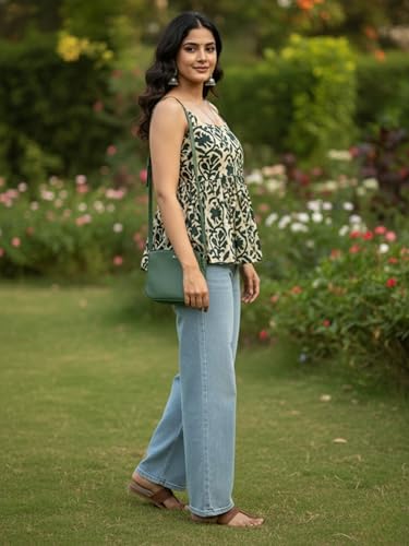 Image of Aahwan Printed Round Neck Sleeveless Backless Short Flared Western Ethnic Kurti Top for Women's & Girl's