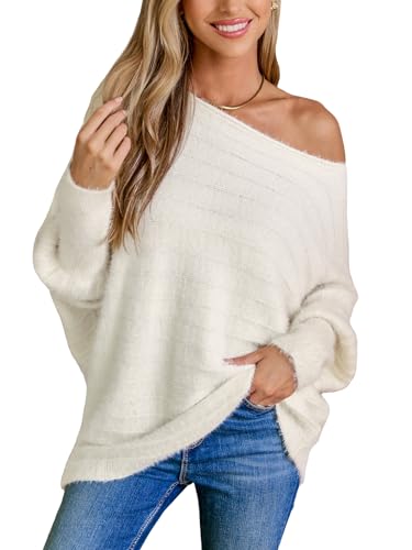 Image of CUPSHE Womens One Shoulder Sweaters Puff Long Sleeve Soft Fuzzy Lightweight Pullover Sweater Tops
