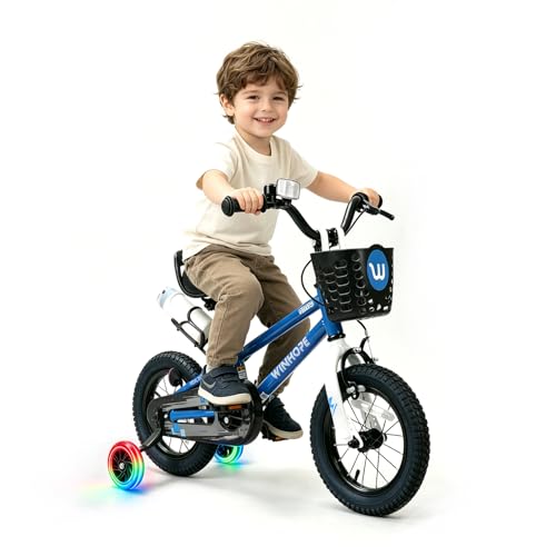 Image of WinHope 12-18 Inch Kids Bike with Light up Training Wheels for Boys Girls | Dual Brake Bicycle with Basket Adjustable Seat Water Bottle for Summer Riding Birthday Gift for Toddler 2-9 Years