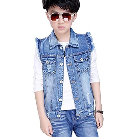Hangzhikids Fashion Boys' Sleeveless Denim Jacket Vest Gilet Age 4-14 Years(Style1,9-10 Years) Cover