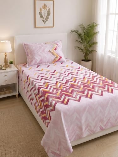 Image of Mafatlal 186 TC Autumn Delight 100% Cotton Single Flat Bedsheet | 60 x 90 Inches | Soft & Breathable Floral Printed Bed Linen | Includes 1 Matching Pillow Cover | Candy Pink