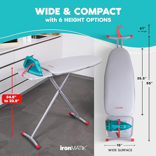 ironMATIK, Space Saver Ironing Board, 45.5"X15" Area (Board Length 35.5"), Easy Storage, 6 Levels of Adjustable Height, Heat Resistant Silicone Tray, Padded Top, Ideal for Small Spaces, Made in EU by ironmatik - Image 6