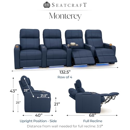 Image of Seatcraft Monterey Home Theater Seating Navy Blue Row of 4 | Italian Leather, Wall Hugger, Zero Gravity, Powered Headrest, Power Recline, Zero Gap, USB charging