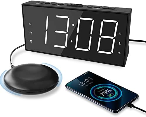 Super Loud Alarm Clock with Bed Shaker for Heavy Sleeper, Dual Vibrating Alarm Clock with USB Charger for Hearing-impaired Deaf, 7.5’’ Large Display with Dimmer, Snooze, 12/24H & Battery Backup
