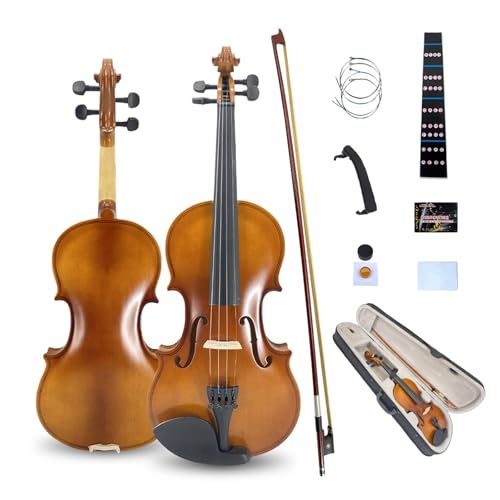 Vetimobato Handmade 4/4 Full Size Violin Set - Matte Finish Body Maple Neck Solid Wood Fittings Complete Kit with Case Bow Shoulder Rest Strings for Beginners to Intermediate Players (4/4)