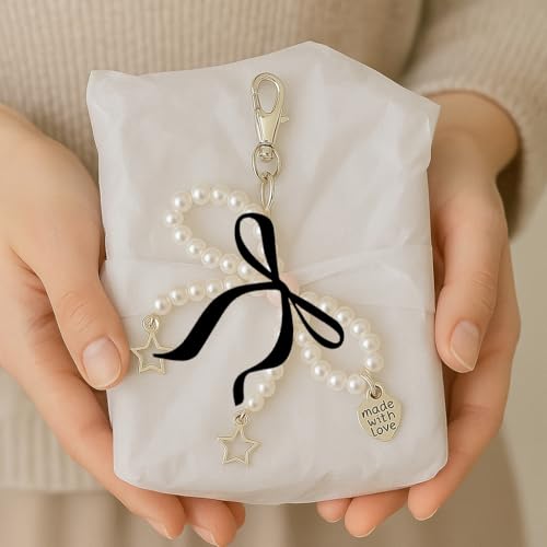 Image of Bag Charm |Pearl Bow Design With Heart Charm and Ribbon | Cherry Charms | Bags Charms for handbags keychain Unique Key Chains for Women Key Ring for Girls