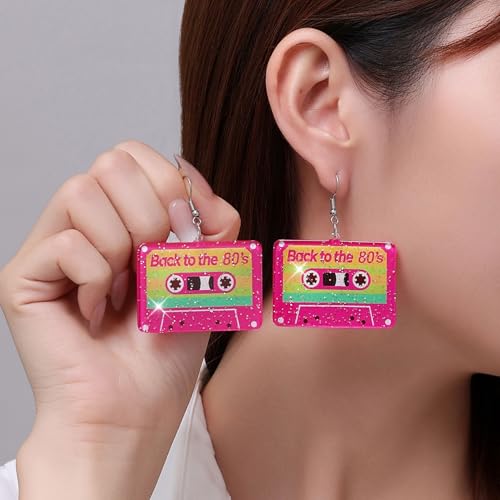 80s Earrings for Women Sparkling Back to the 80’s Cassette Tape Earrings Acrylic Drop Dangle Earring for Glow Party Halloween Cosplay Jewelry2