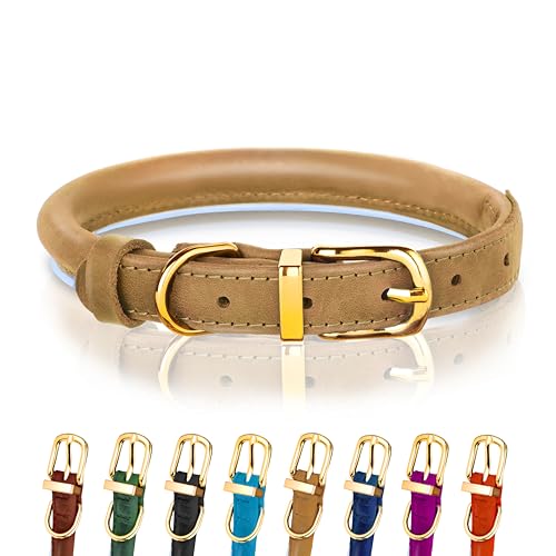OOPSDOGGY Reflective Rolled Leather Dog Collar for Small Medium Large Dogs Puppy 8 Colors, 7 Sizes (Camel, L, 14"-18")