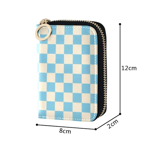 Women's Blue Yellow Checkerboard Credit Card Holder Wallet Leather Zipper Card Case for Ladies Girls 203009942