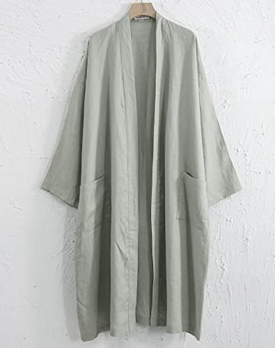 Image of Amazhiyu Womens Pure Linen Mid Length Kimono Robes Lightweight Long Sleeve Bathrobe