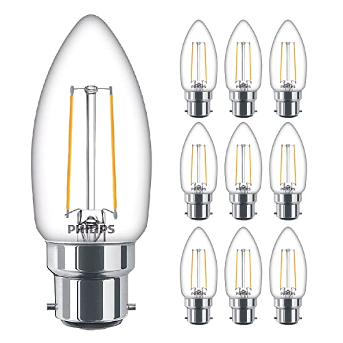10 Pack - Philips Classic LED Clear Filament Candle 2W (25W) B22 BC Large Bayonet Cap 2700k Warm White | 250 Lumen | 15000 Hours | Car Air Freshener Included | 80+ CRI (PHP-CAN-L-10PK)