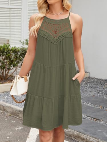 Image of FARORO Womens Sleeveless Summer Beach Short Dresses Hollow Out Halter Coverup Casual A Line Sundress with Pockets