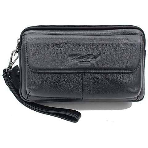 Leather Clutch Bag Wrist Purse for Men Women Travel Outdoor Business Organizer Wristlet Strap Pouch Coin Money Wallet Handbag Multi-Purpose Cell Phone Holder Daypack Cover